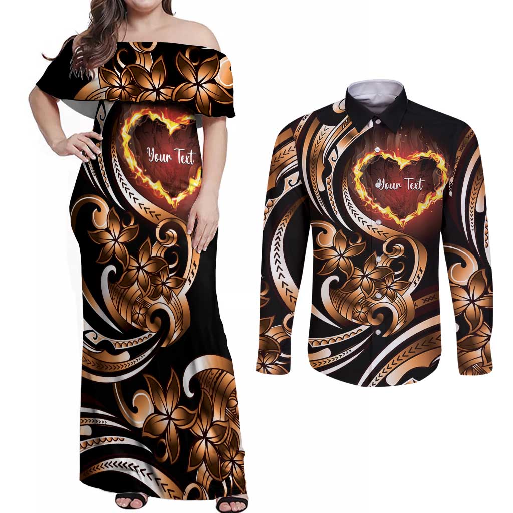 Personalised Polynesian Fiery Heart Couples Matching Off Shoulder Maxi Dress and Long Sleeve Button Shirt Passionate Love LT01 Black - Polynesian Pride
