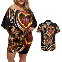 Personalised Polynesian Fiery Heart Couples Matching Off Shoulder Short Dress and Hawaiian Shirt Passionate Love