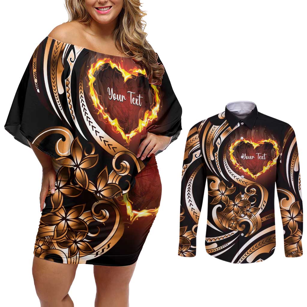 Personalised Polynesian Fiery Heart Couples Matching Off Shoulder Short Dress and Long Sleeve Button Shirt Passionate Love LT01 Black - Polynesian Pride