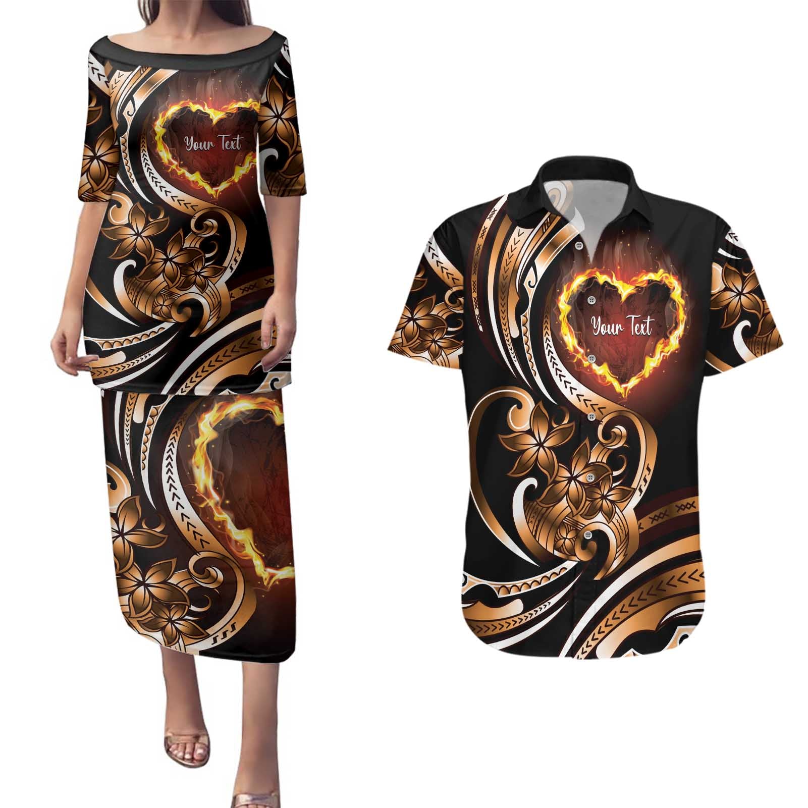 Personalised Polynesian Fiery Heart Couples Matching Puletasi and Hawaiian Shirt Passionate Love