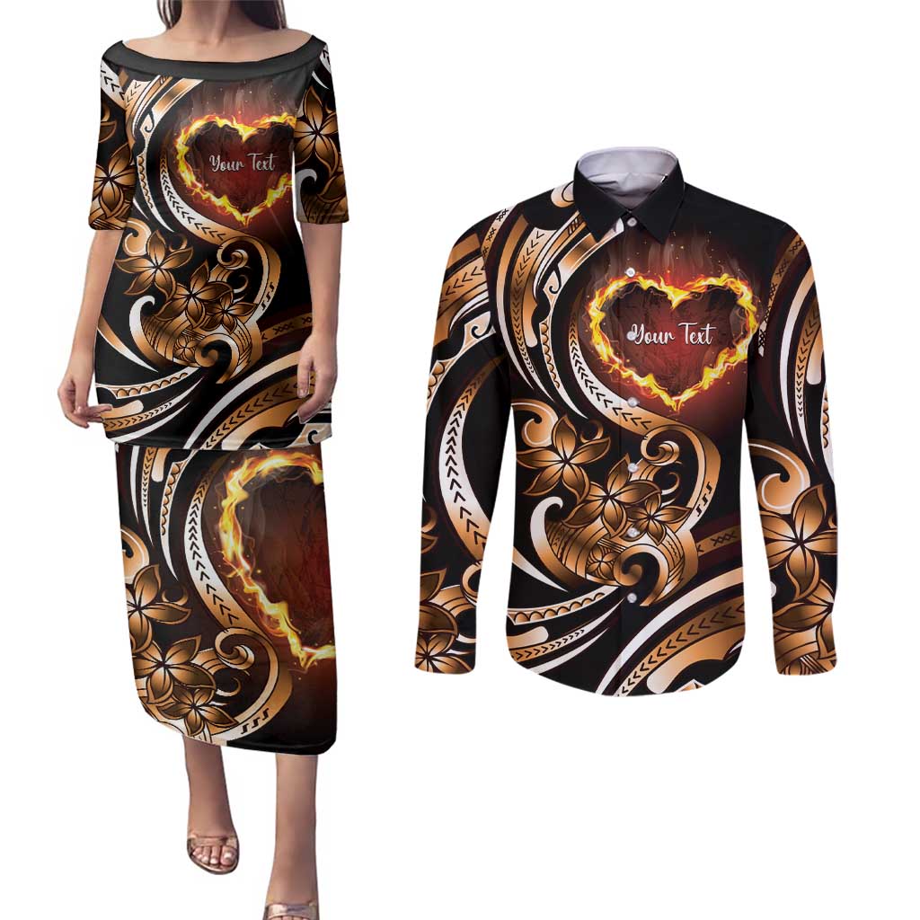 Personalised Polynesian Fiery Heart Couples Matching Puletasi and Long Sleeve Button Shirt Passionate Love LT01 Black - Polynesian Pride