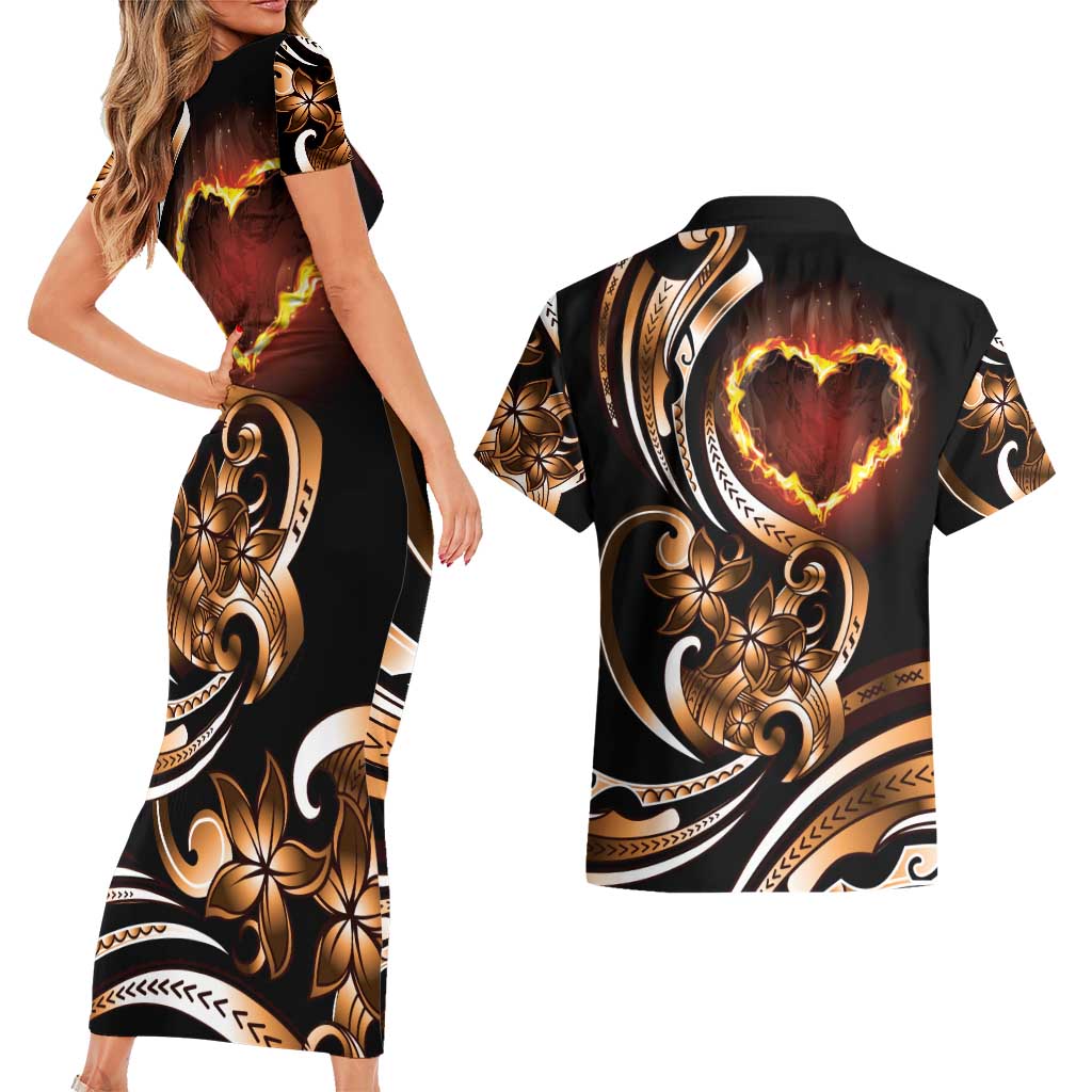 Personalised Polynesian Fiery Heart Couples Matching Short Sleeve Bodycon Dress and Hawaiian Shirt Passionate Love