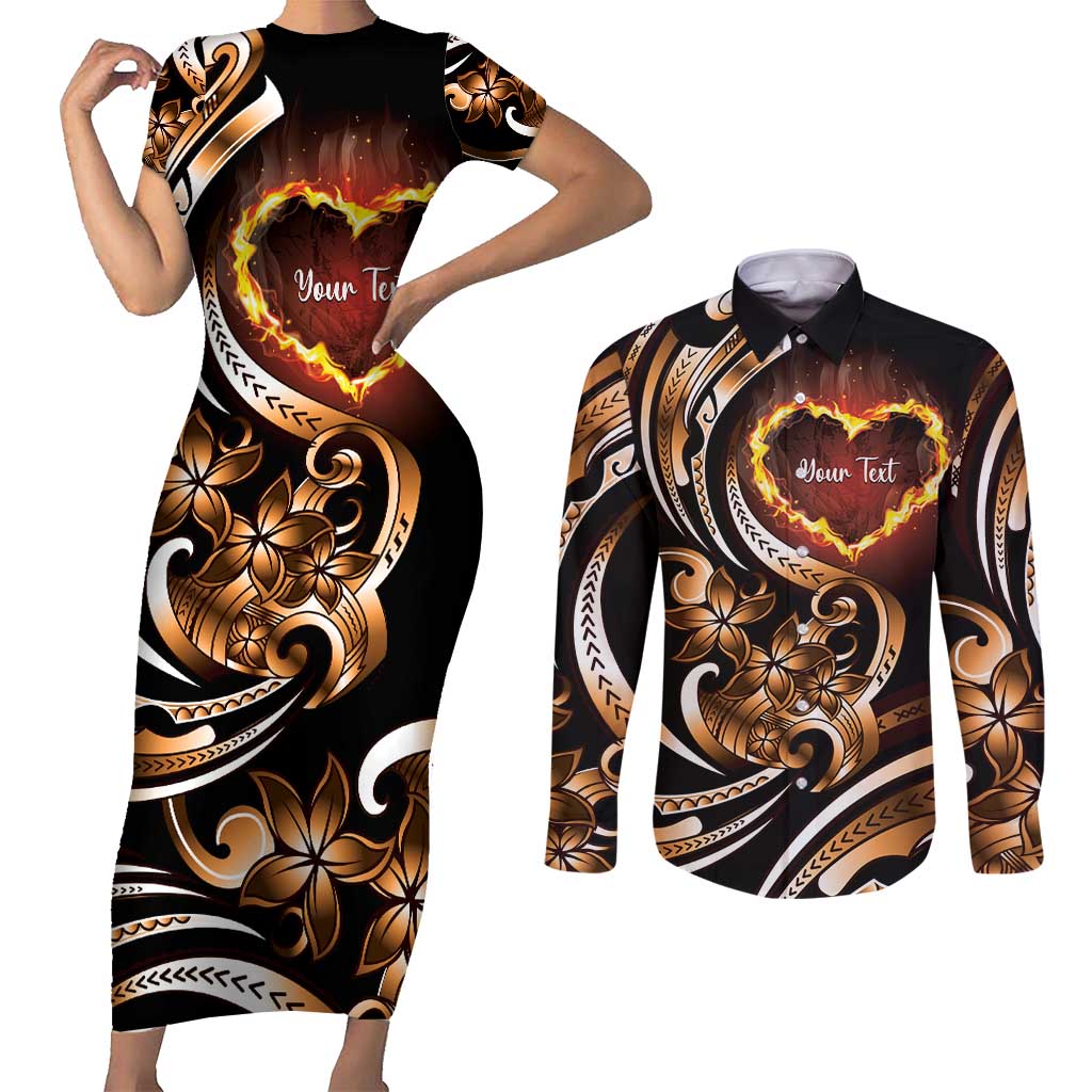 Personalised Polynesian Fiery Heart Couples Matching Short Sleeve Bodycon Dress and Long Sleeve Button Shirt Passionate Love