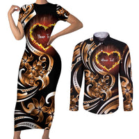Personalised Polynesian Fiery Heart Couples Matching Short Sleeve Bodycon Dress and Long Sleeve Button Shirt Passionate Love
