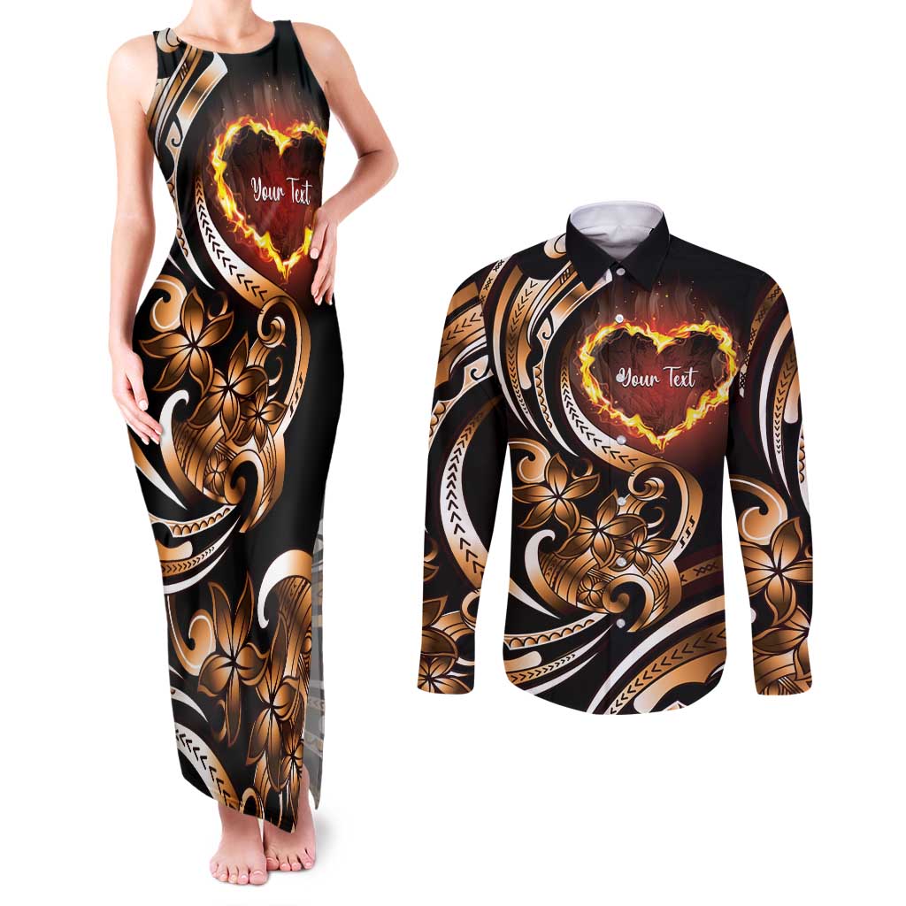 Personalised Polynesian Fiery Heart Couples Matching Tank Maxi Dress and Long Sleeve Button Shirt Passionate Love LT01 Black - Polynesian Pride