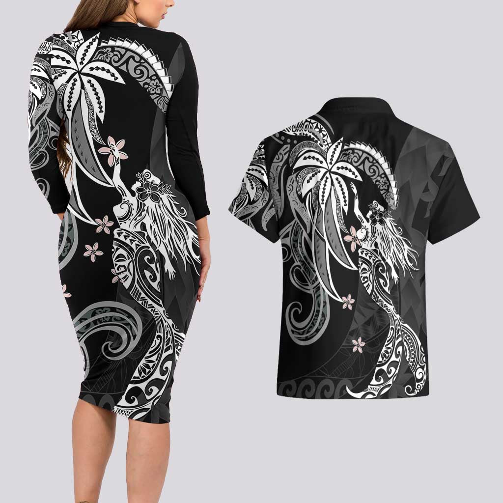 Polynesian Mermaid Plumeria Tribal Tattoo Couples Matching Long Sleeve Bodycon Dress and Hawaiian Shirt