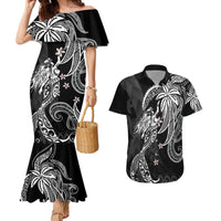 Polynesian Mermaid Plumeria Tribal Tattoo Couples Matching Mermaid Dress and Hawaiian Shirt