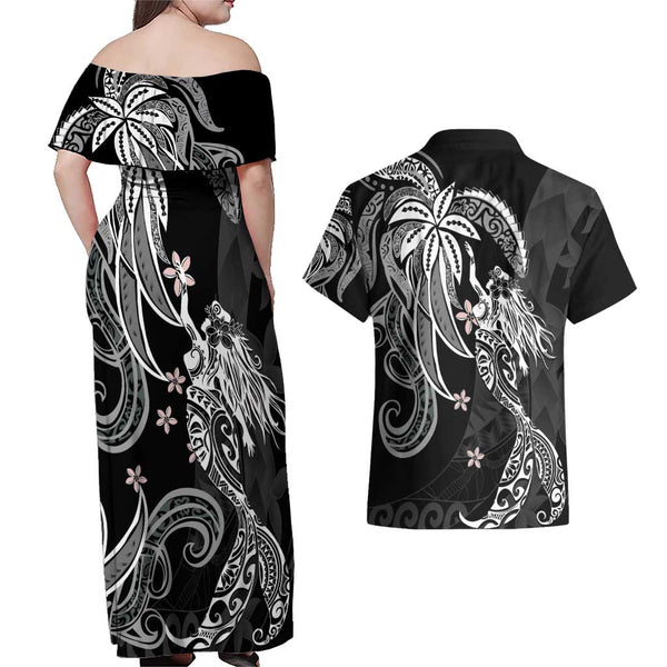 Polynesian Sunset Plumeria Couples Matching Off Shoulder Short Dress and Hawaiian Shirt Pacific Island Tribal Nude Style LT9