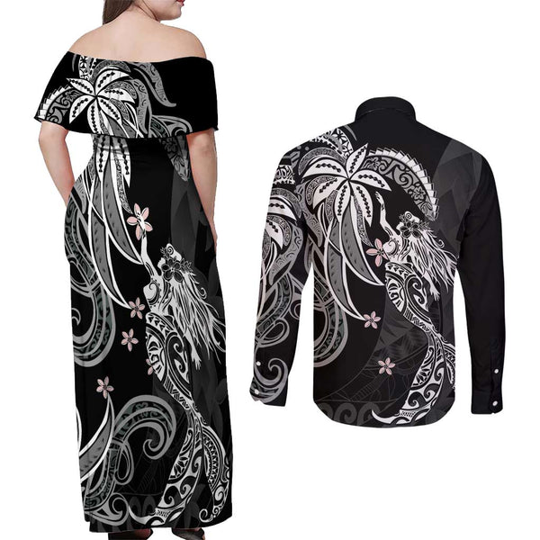 Polynesian Sunset Plumeria Couples Matching Off The Shoulder Long Sleeve Dress and Long Sleeve Button Shirts Pacific Island Tribal Blossom Style LT9