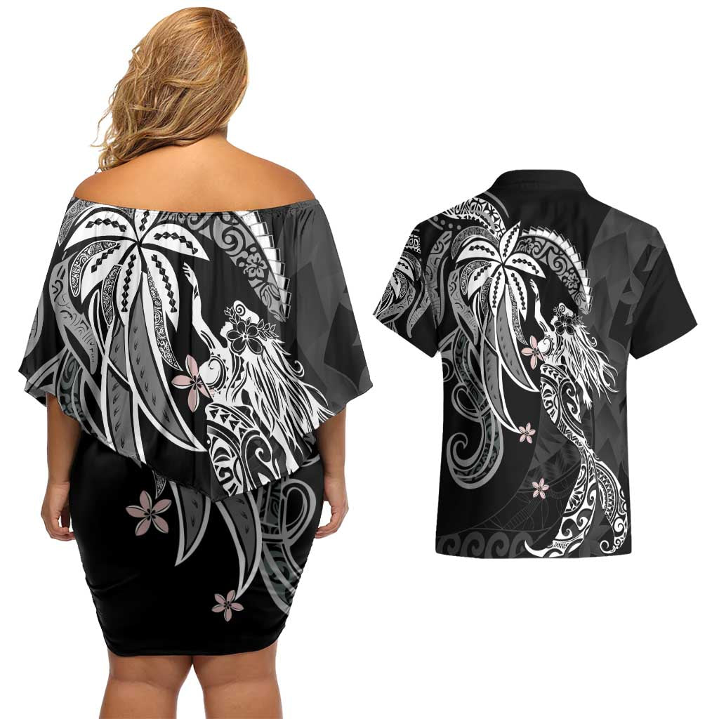 Polynesian Mermaid Plumeria Tribal Tattoo Couples Matching Off Shoulder Short Dress and Hawaiian Shirt