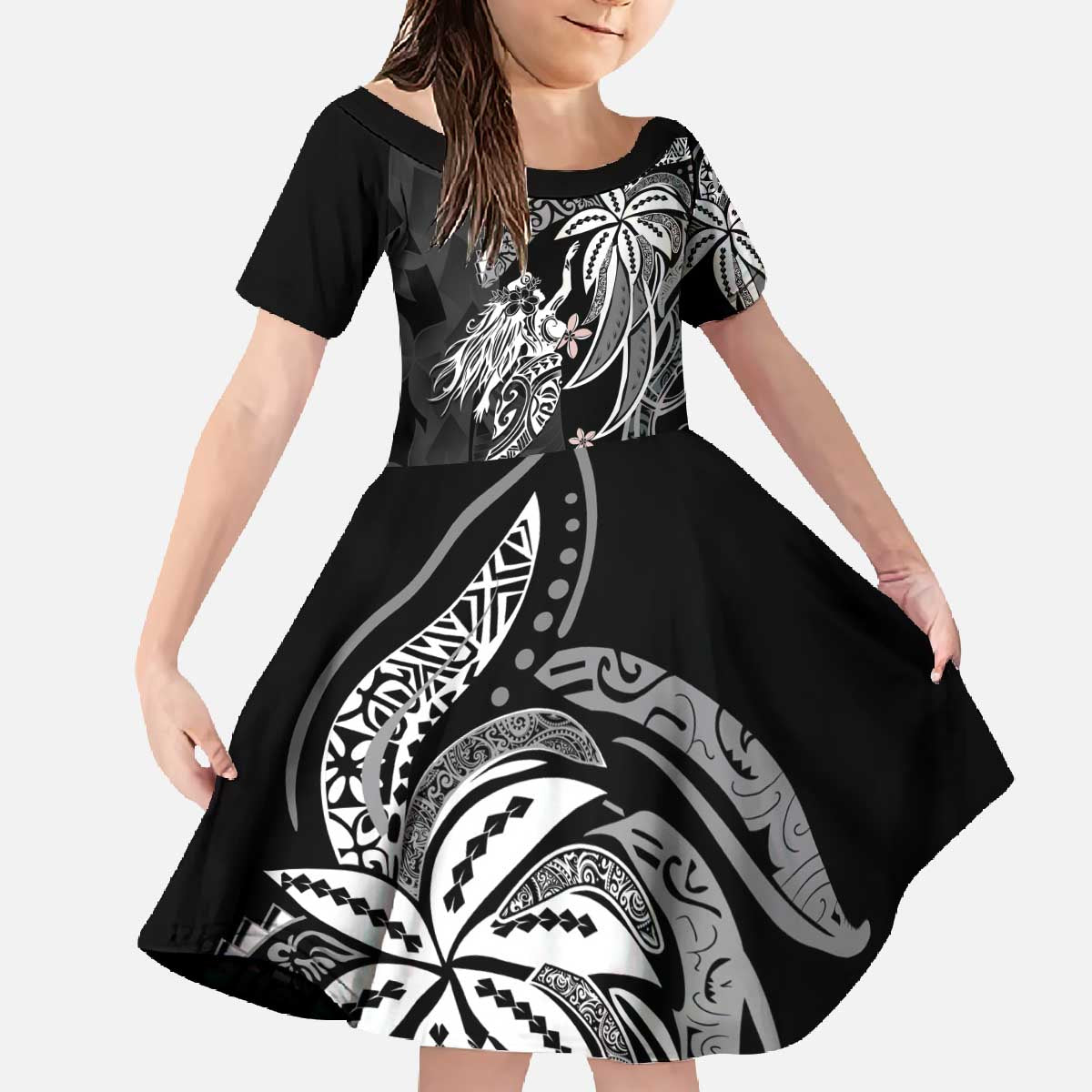 Polynesian Mermaid Plumeria Tribal Tattoo Family Matching Off The Shoulder Long Sleeve Dress and Hawaiian Shirt