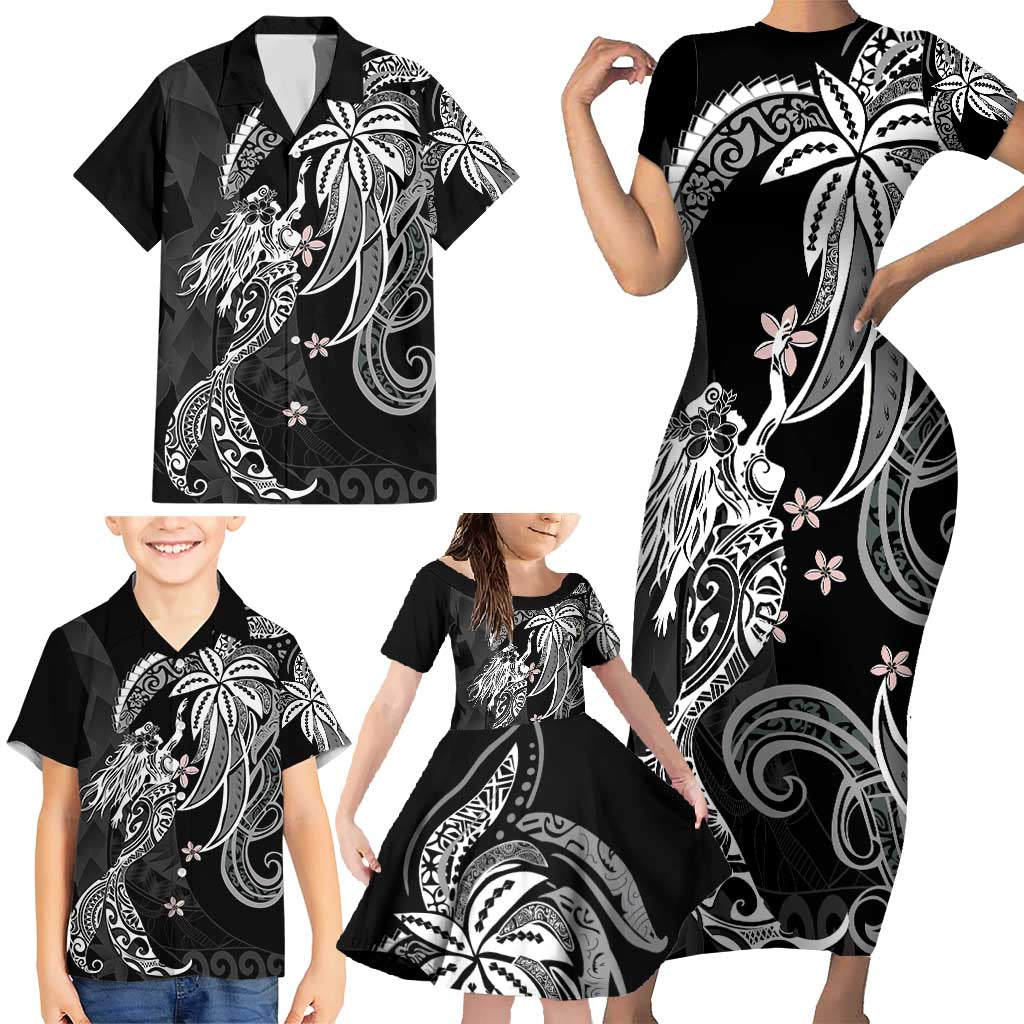 Polynesian Mermaid Plumeria Tribal Tattoo Family Matching Short Sleeve Bodycon Dress and Hawaiian Shirt