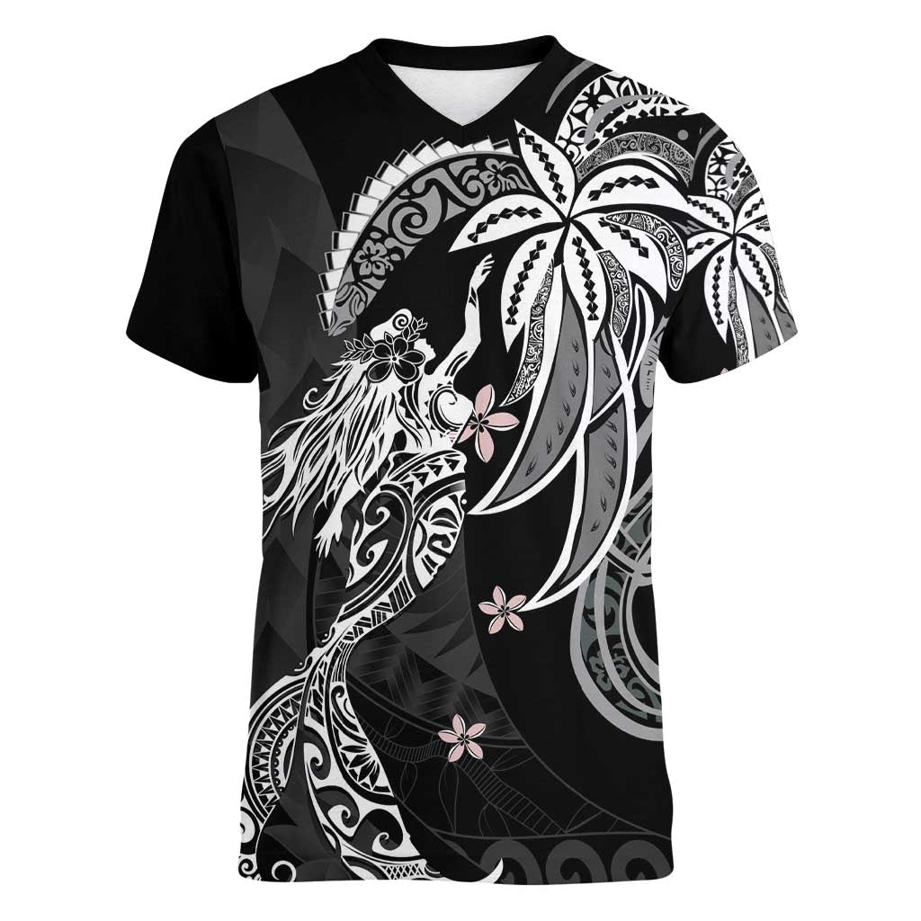 Polynesian Mermaid Plumeria Tribal Tattoo Women V-Neck T-Shirt