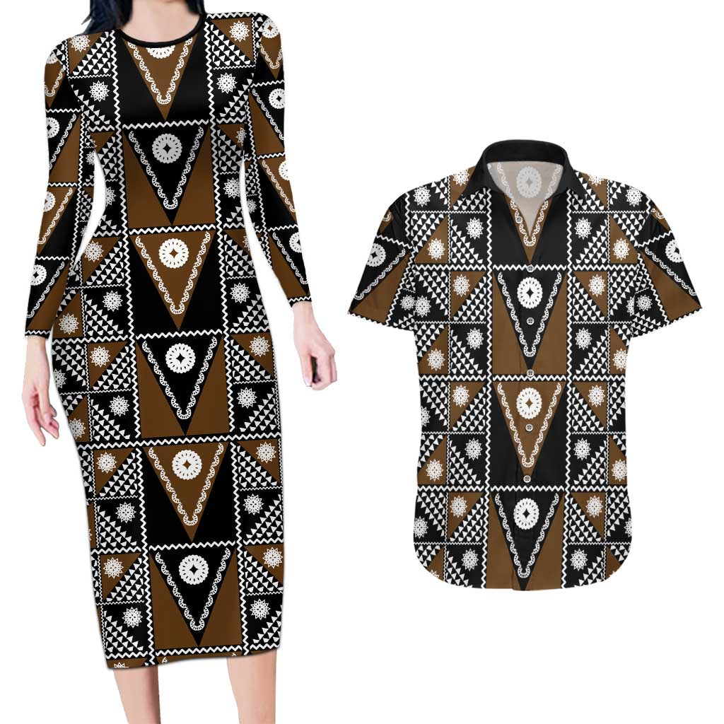 Fiji Brown Masi Pattern Couples Matching Long Sleeve Bodycon Dress and Hawaiian Shirt Fijian Tapa