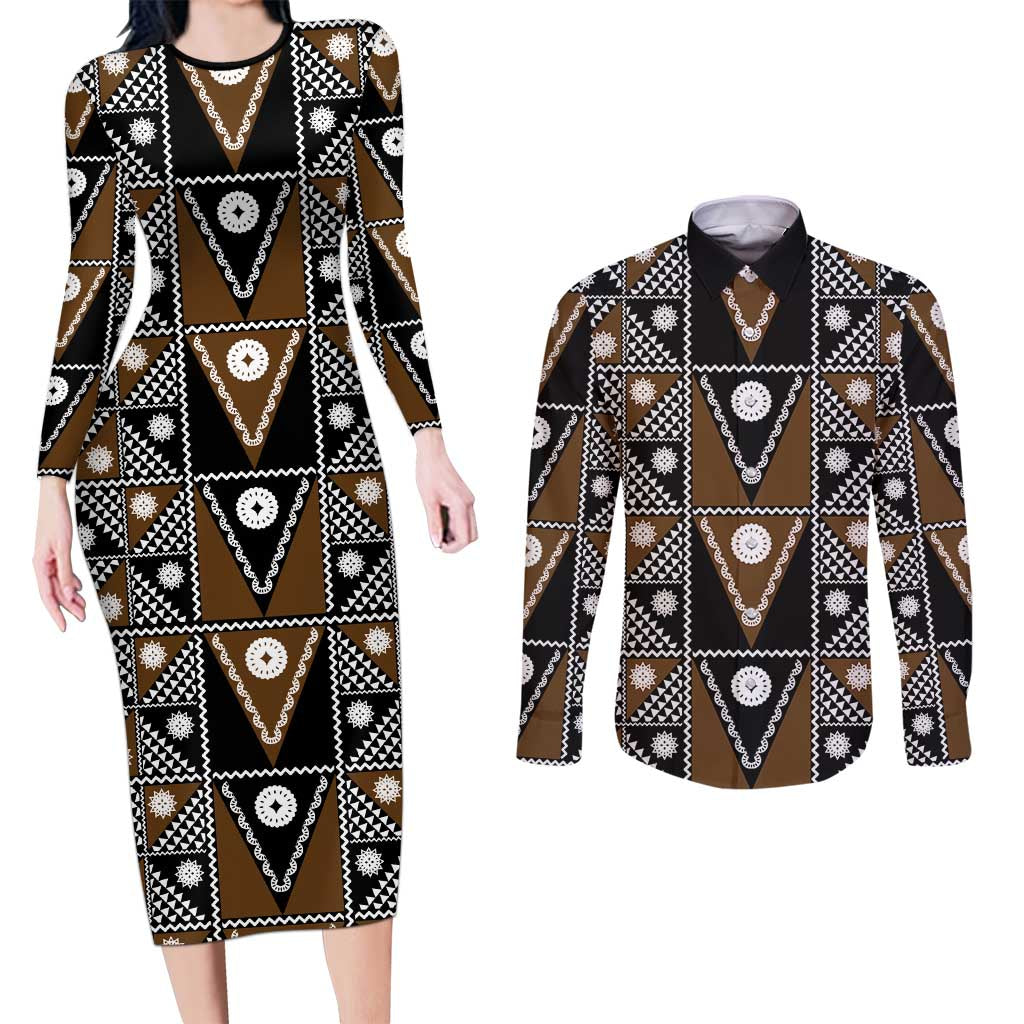 Fiji Brown Masi Pattern Couples Matching Long Sleeve Bodycon Dress and Long Sleeve Button Shirt Fijian Tapa