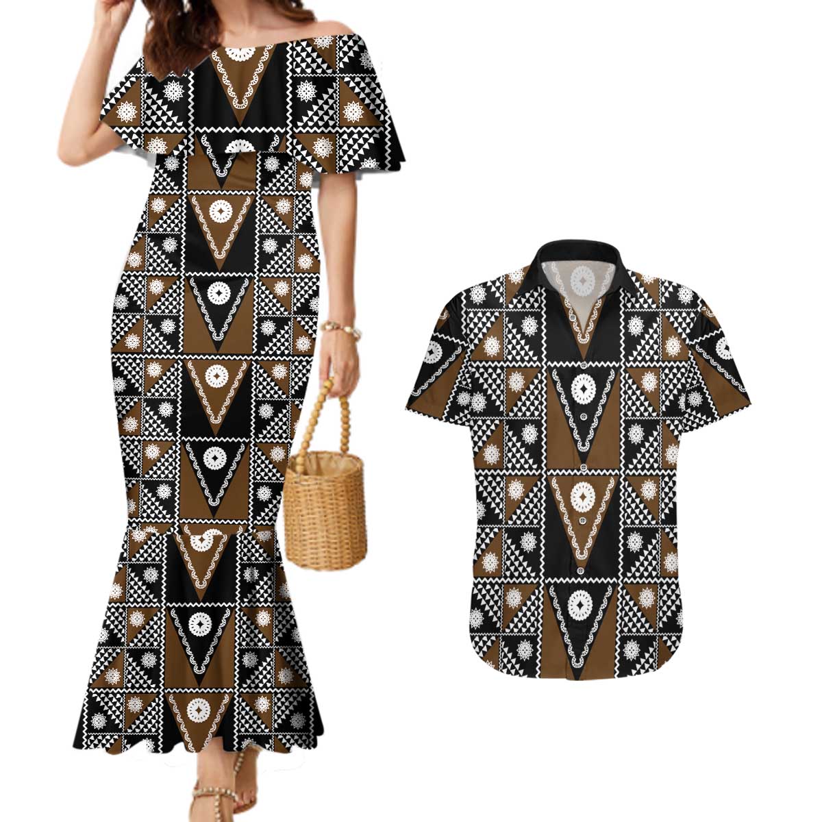 Fiji Brown Masi Pattern Couples Matching Mermaid Dress and Hawaiian Shirt Fijian Tapa