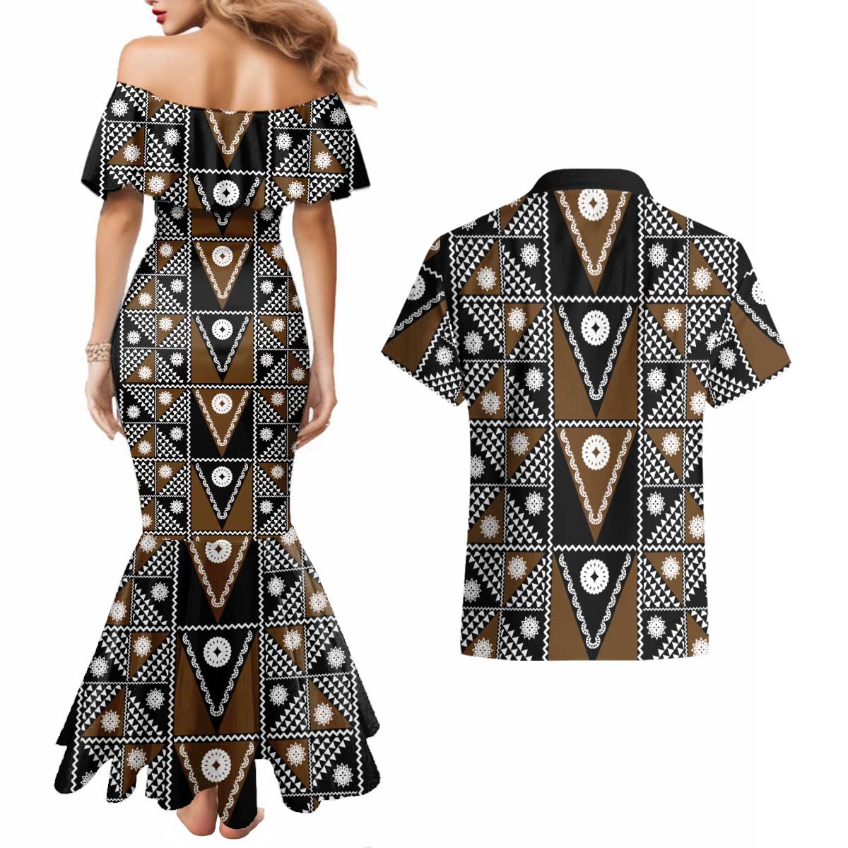 Fiji Brown Masi Pattern Couples Matching Mermaid Dress and Hawaiian Shirt Fijian Tapa