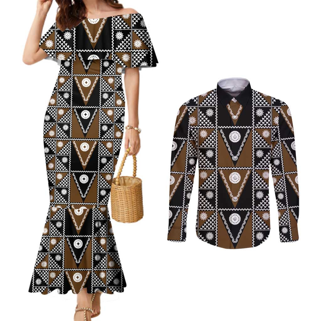 Fiji Brown Masi Pattern Couples Matching Mermaid Dress and Long Sleeve Button Shirt Fijian Tapa