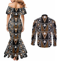 Fiji Brown Masi Pattern Couples Matching Mermaid Dress and Long Sleeve Button Shirt Fijian Tapa LT01 - Polynesian Pride