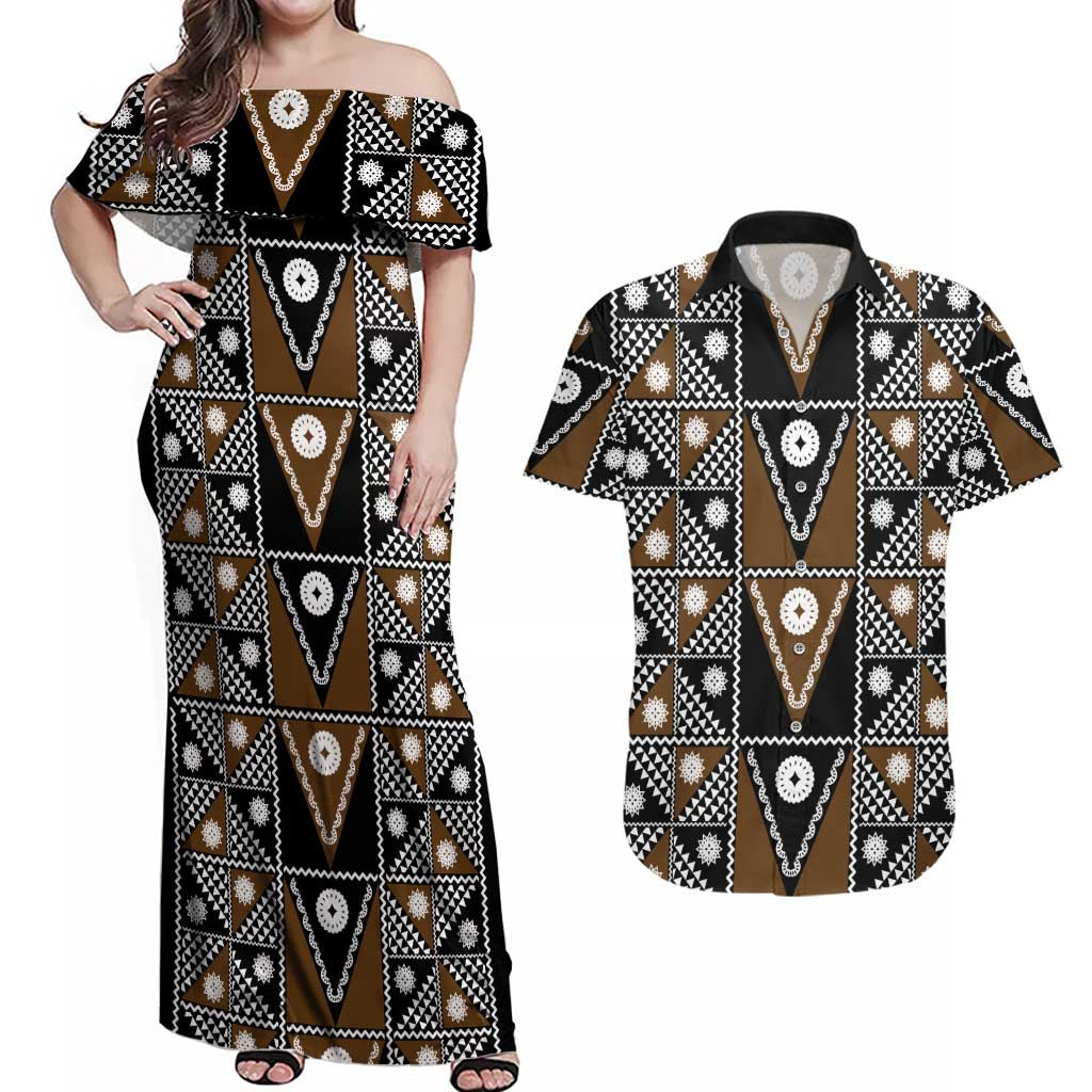 Fiji Brown Masi Pattern Couples Matching Off Shoulder Maxi Dress and Hawaiian Shirt Fijian Tapa