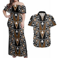 Fiji Brown Masi Pattern Couples Matching Off Shoulder Maxi Dress and Hawaiian Shirt Fijian Tapa LT01 Brown - Polynesian Pride