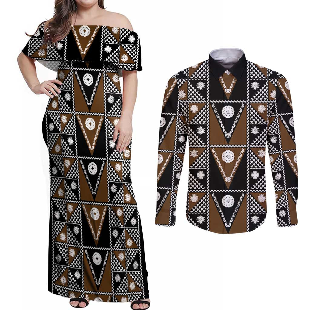 Fiji Brown Masi Pattern Couples Matching Off Shoulder Maxi Dress and Long Sleeve Button Shirt Fijian Tapa