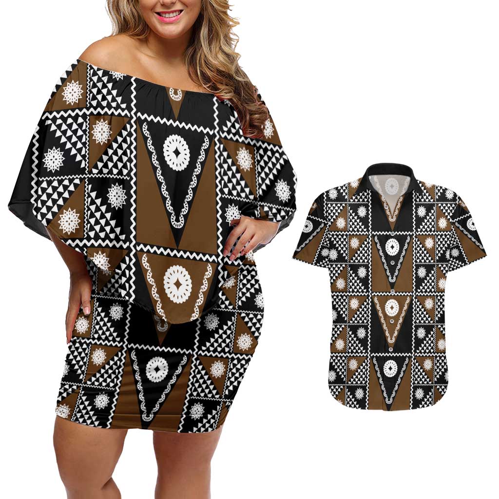 Fiji Brown Masi Pattern Couples Matching Off Shoulder Short Dress and Hawaiian Shirt Fijian Tapa
