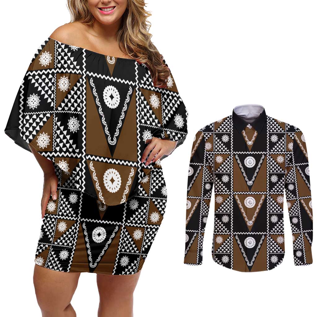 Fiji Brown Masi Pattern Couples Matching Off Shoulder Short Dress and Long Sleeve Button Shirt Fijian Tapa