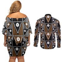 Fiji Brown Masi Pattern Couples Matching Off Shoulder Short Dress and Long Sleeve Button Shirt Fijian Tapa LT01 - Polynesian Pride