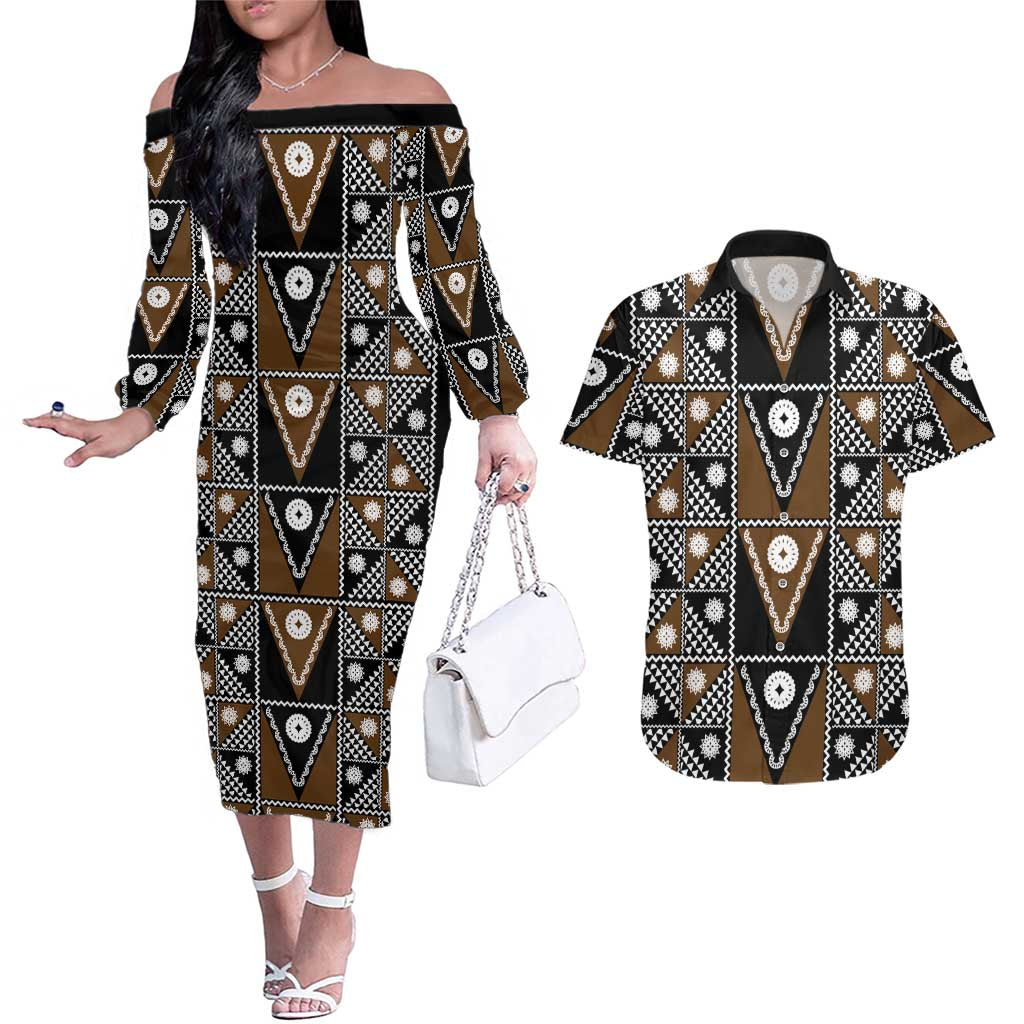 Fiji Brown Masi Pattern Couples Matching Off The Shoulder Long Sleeve Dress and Hawaiian Shirt Fijian Tapa