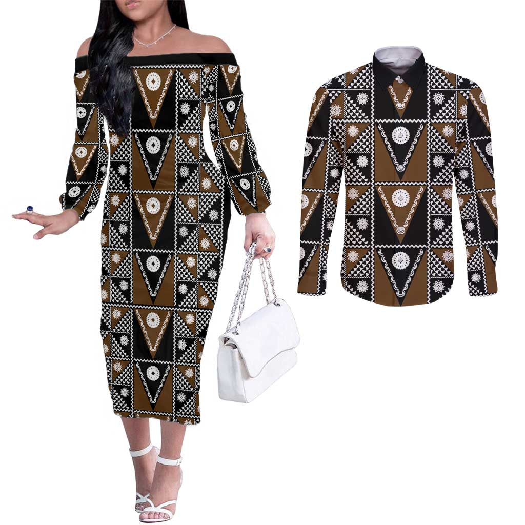Fiji Brown Masi Pattern Couples Matching Off The Shoulder Long Sleeve Dress and Long Sleeve Button Shirt Fijian Tapa