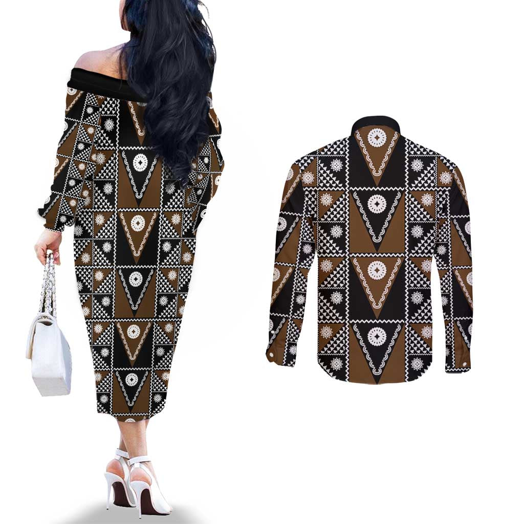 Fiji Brown Masi Pattern Couples Matching Off The Shoulder Long Sleeve Dress and Long Sleeve Button Shirt Fijian Tapa LT01 - Polynesian Pride