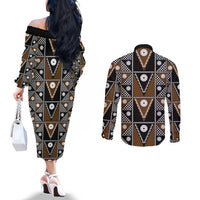 Fiji Brown Masi Pattern Couples Matching Off The Shoulder Long Sleeve Dress and Long Sleeve Button Shirt Fijian Tapa LT01 - Polynesian Pride