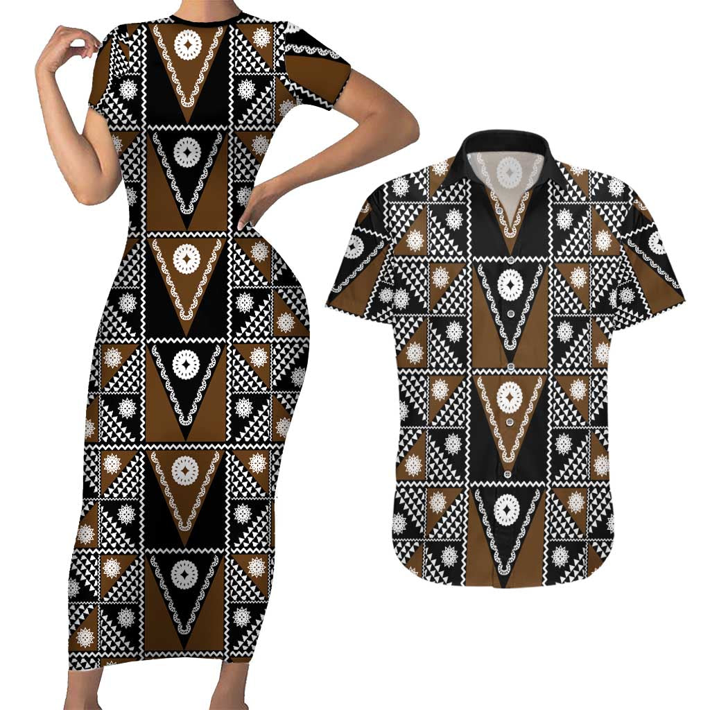 Fiji Brown Masi Pattern Couples Matching Short Sleeve Bodycon Dress and Hawaiian Shirt Fijian Tapa