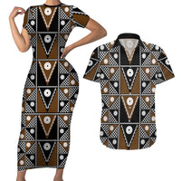 Fiji Brown Masi Pattern Couples Matching Short Sleeve Bodycon Dress and Hawaiian Shirt Fijian Tapa LT01 Brown - Polynesian Pride