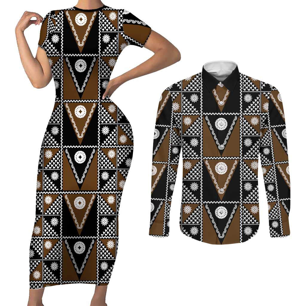 Fiji Brown Masi Pattern Couples Matching Short Sleeve Bodycon Dress and Long Sleeve Button Shirt Fijian Tapa