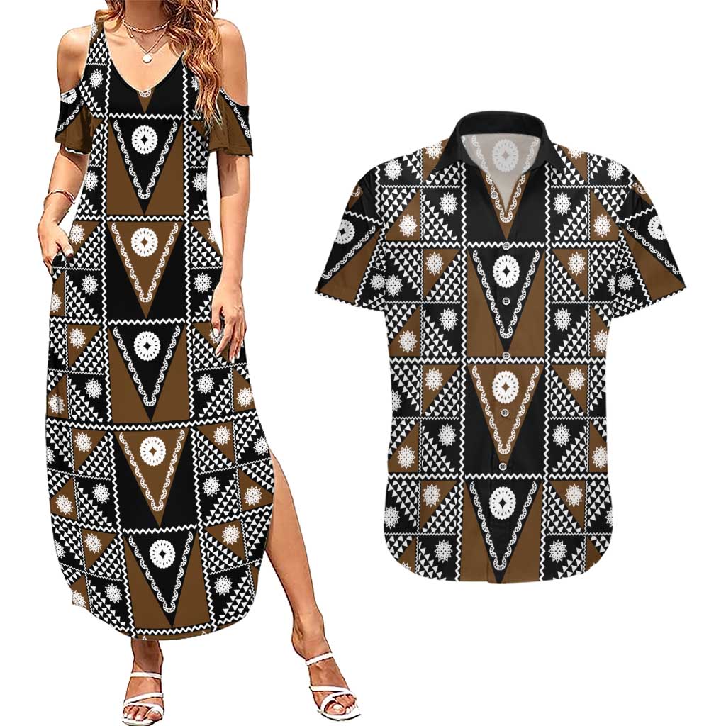 Fiji Brown Masi Pattern Couples Matching Summer Maxi Dress and Hawaiian Shirt Fijian Tapa