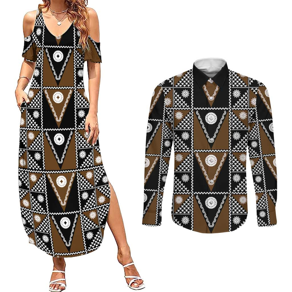 Fiji Brown Masi Pattern Couples Matching Summer Maxi Dress and Long Sleeve Button Shirt Fijian Tapa