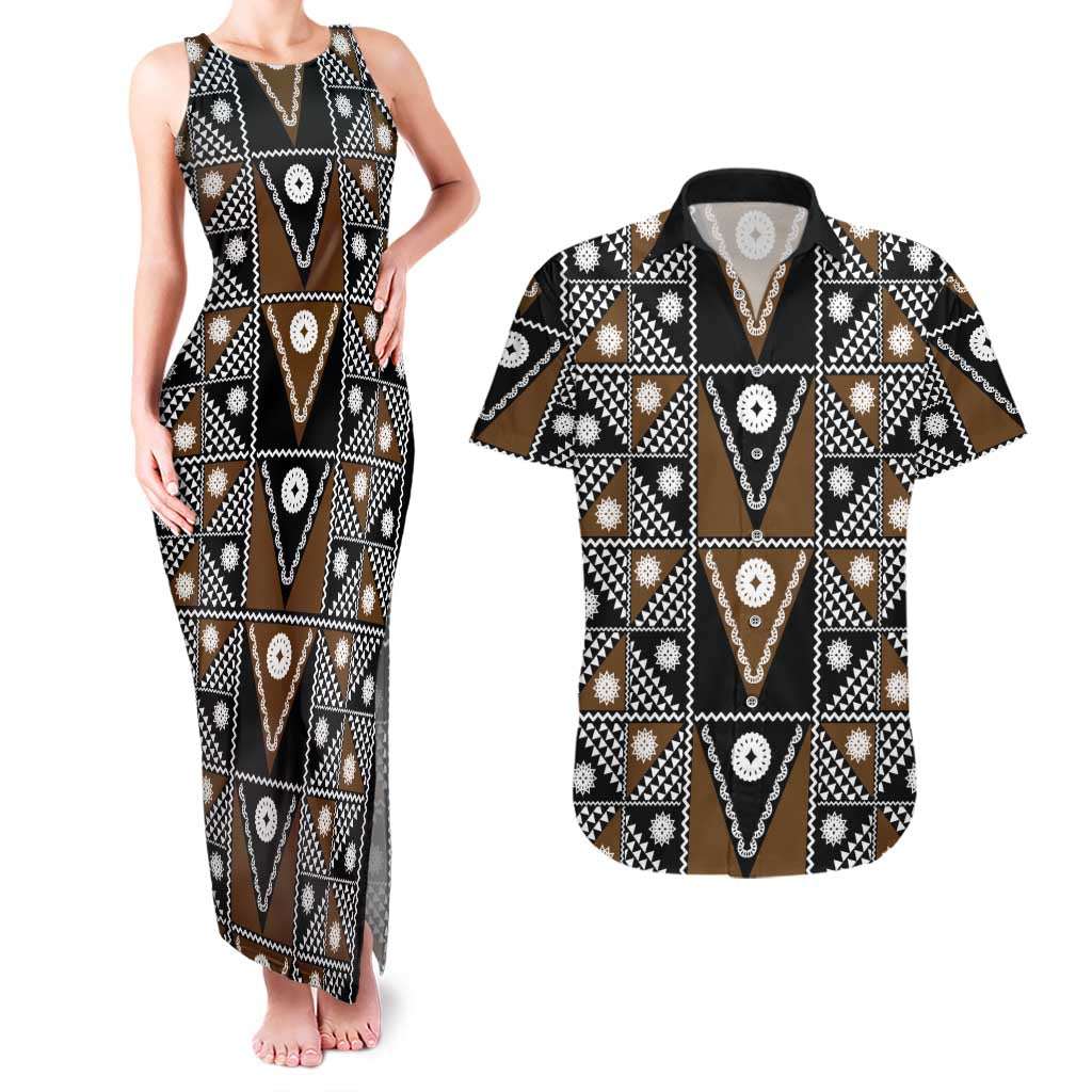 Fiji Brown Masi Pattern Couples Matching Tank Maxi Dress and Hawaiian Shirt Fijian Tapa