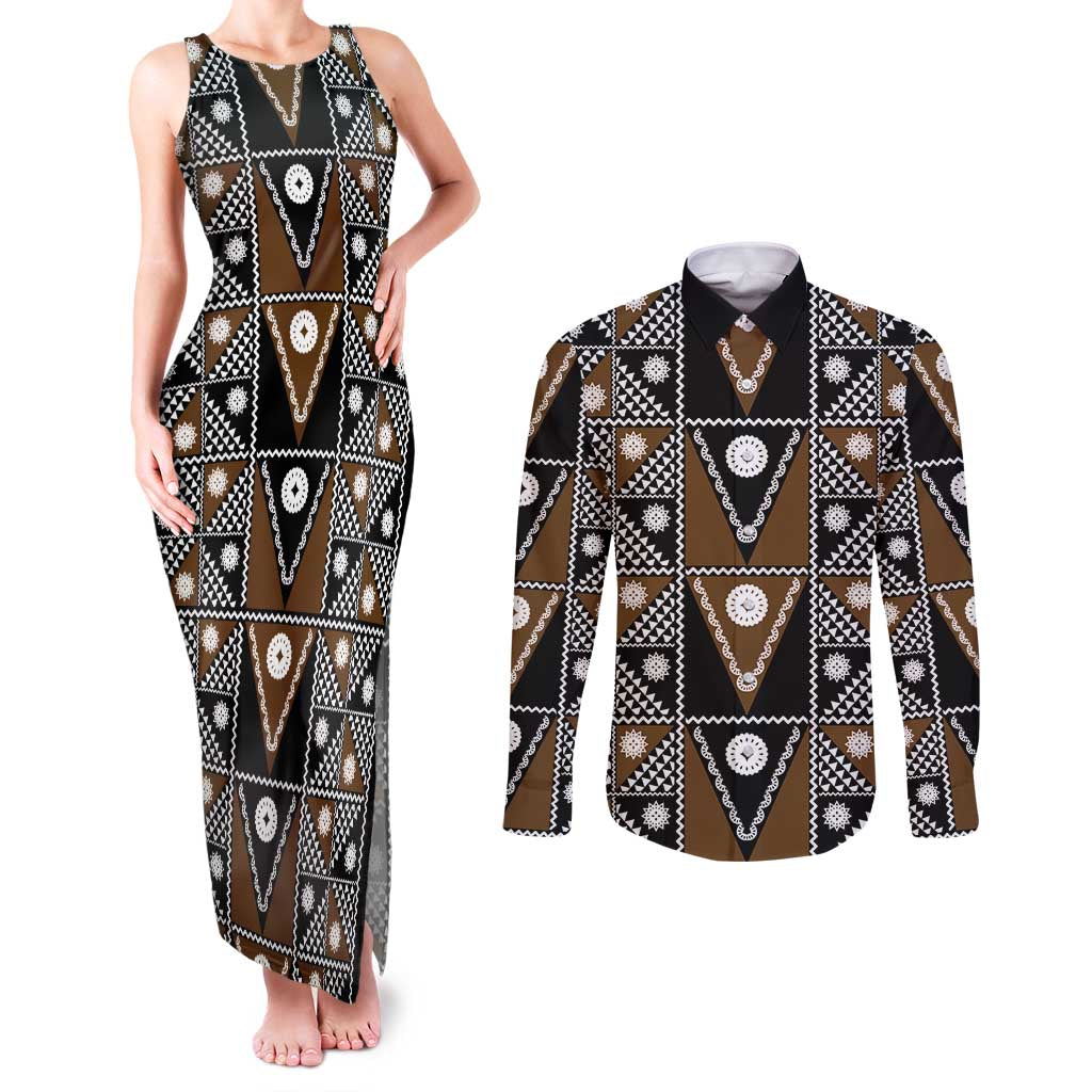 Fiji Brown Masi Pattern Couples Matching Tank Maxi Dress and Long Sleeve Button Shirt Fijian Tapa