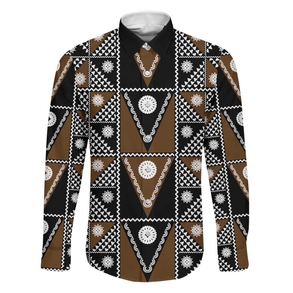 Fiji Brown Masi Pattern Family Matching Mermaid Dress and Hawaiian Shirt Fijian Tapa LT01 Dad's Shirt - Long Sleeve Brown - Polynesian Pride