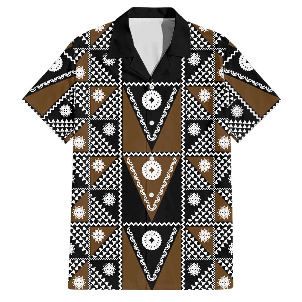 Fiji Brown Masi Pattern Family Matching Off The Shoulder Long Sleeve Dress and Hawaiian Shirt Fijian Tapa LT01 Dad's Shirt - Short Sleeve Brown - Polynesian Pride