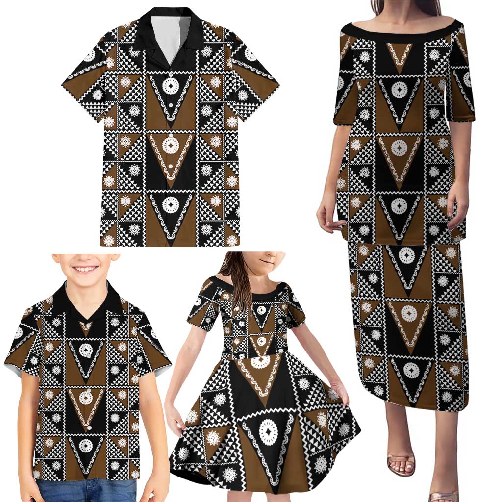 Fiji Brown Masi Pattern Family Matching Puletasi and Hawaiian Shirt Fijian Tapa