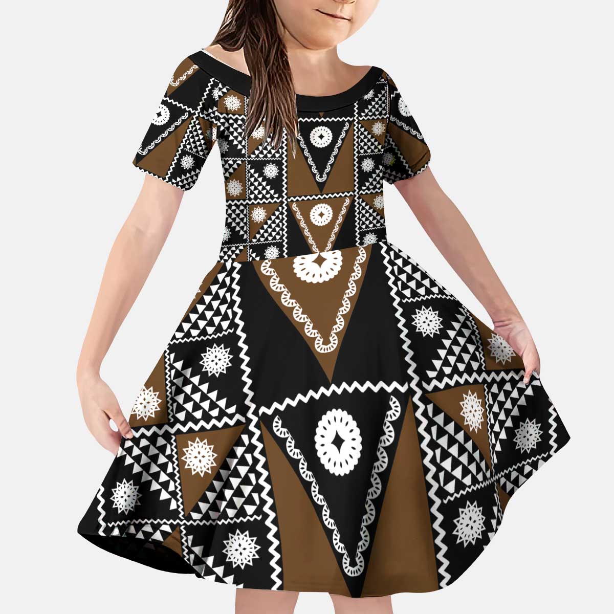 Fiji Brown Masi Pattern Kid Short Sleeve Dress Fijian Tapa