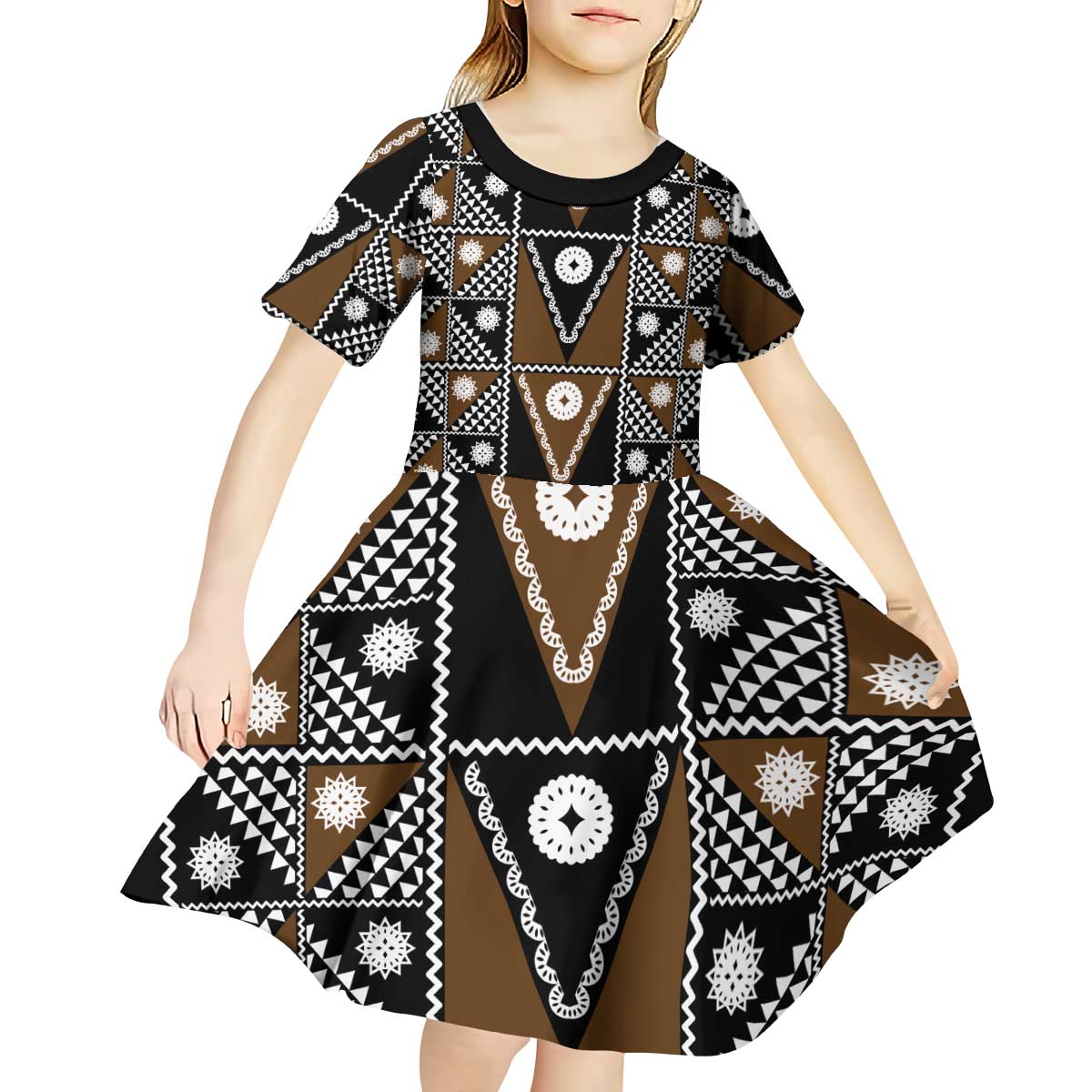 Fiji Brown Masi Pattern Kid Short Sleeve Dress Fijian Tapa