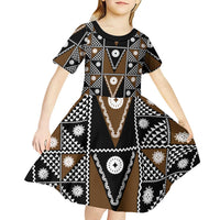 Fiji Brown Masi Pattern Kid Short Sleeve Dress Fijian Tapa
