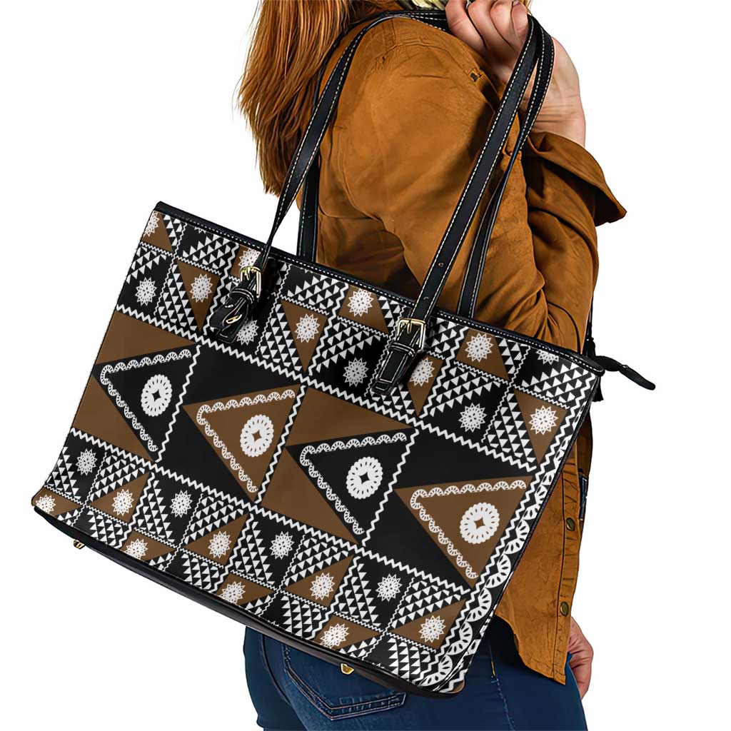 Fiji Brown Masi Pattern Leather Tote Bag Fijian Tapa