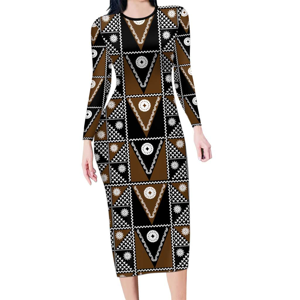 Fiji Brown Masi Pattern Long Sleeve Bodycon Dress Fijian Tapa