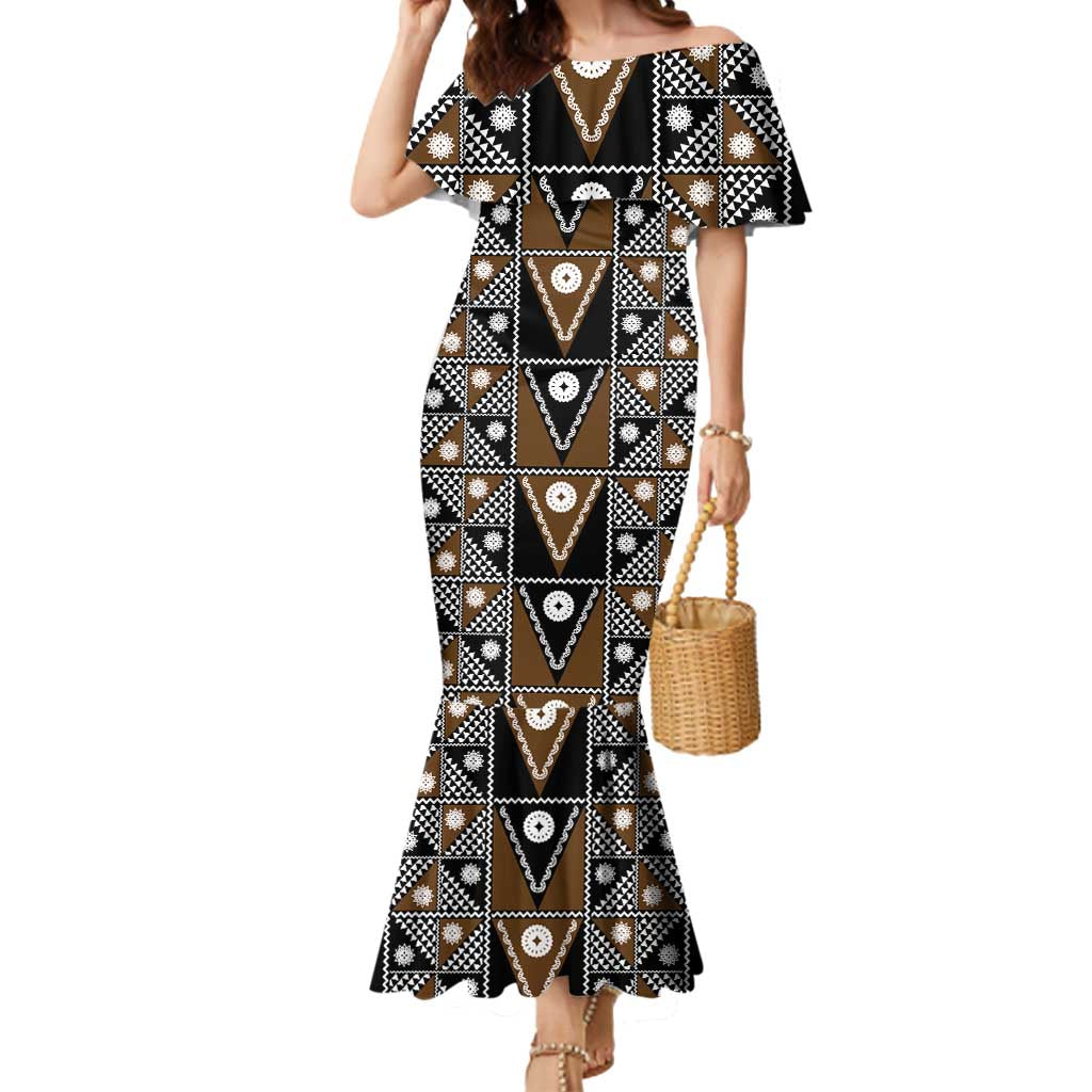 Fiji Brown Masi Pattern Mermaid Dress Fijian Tapa