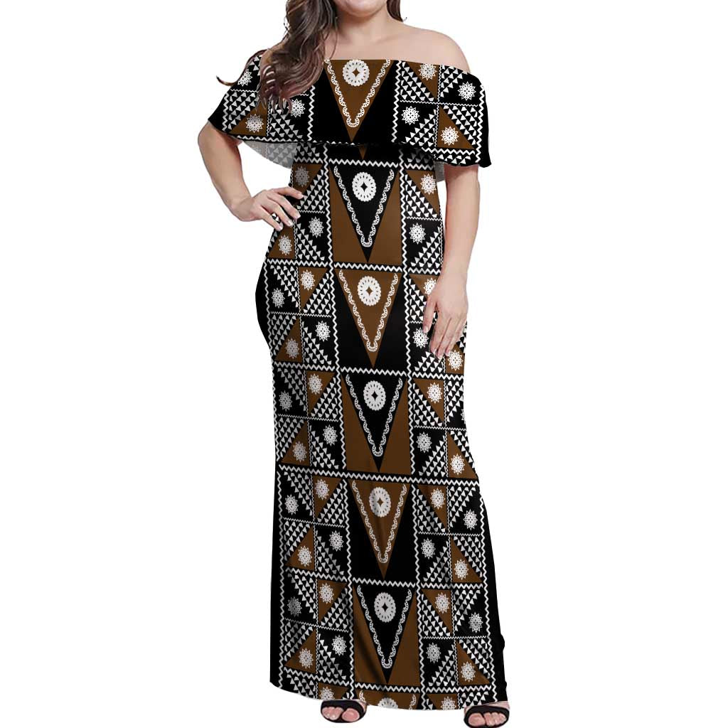 Fiji Brown Masi Pattern Off Shoulder Maxi Dress Fijian Tapa